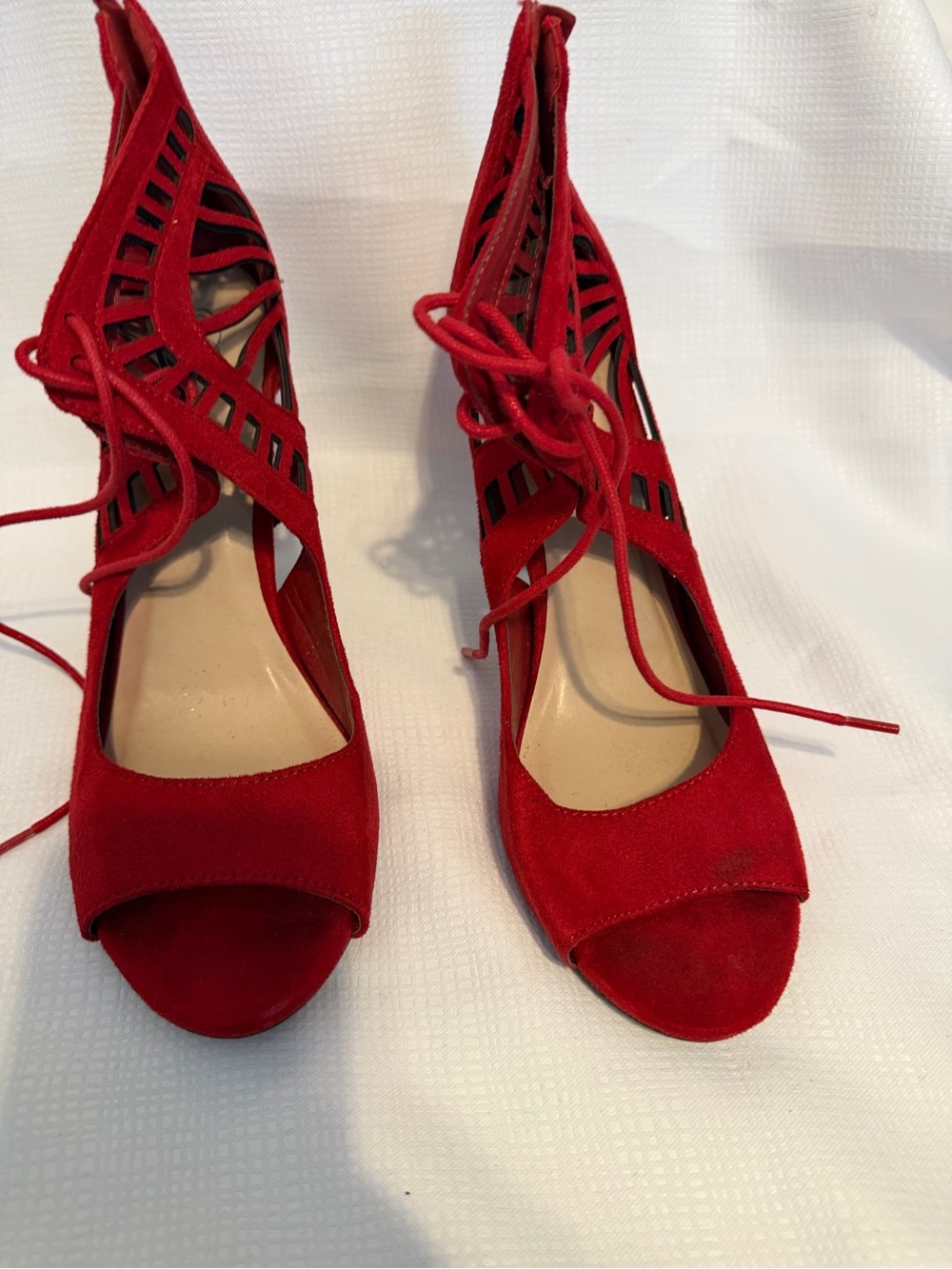 Paprika Red Suede Lace-Up Peep Toe Heels